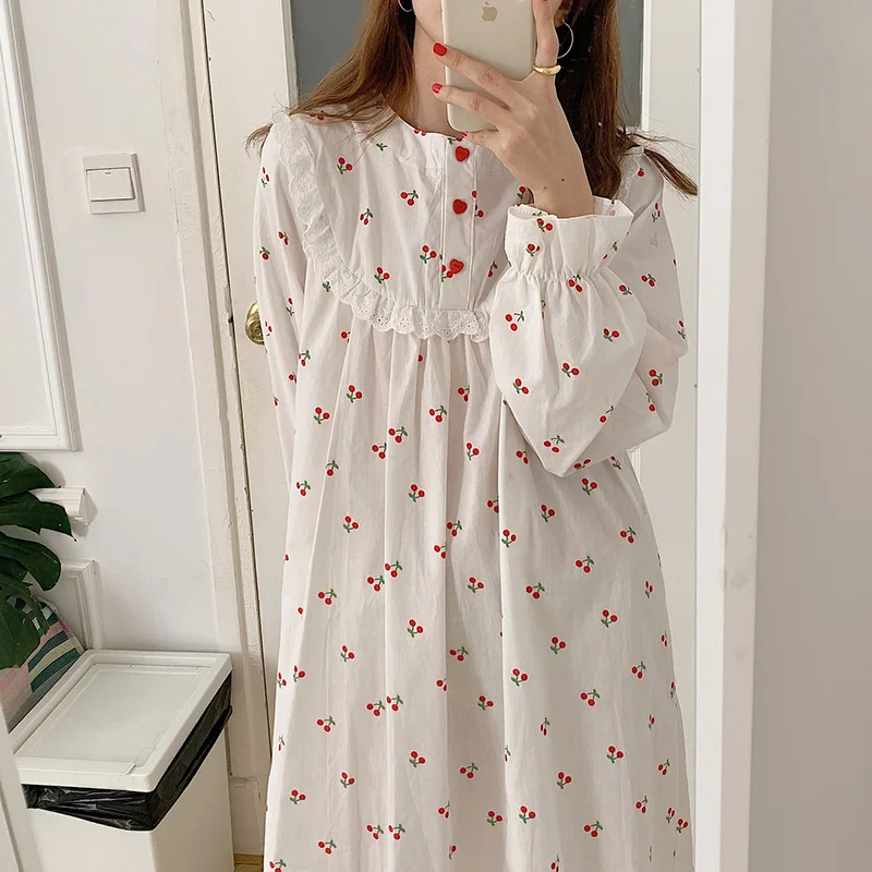 Sweet Cherry Print Autumn Pajamas Set Women O-Neck Long Sleeve Shirts + Trousers Cotton Two Piece Home Suit Ruffles Sleepwear