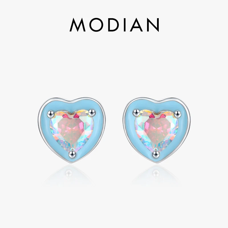 Modian 925 Sterling Silver Romantic Blue Enamel Hearts Ear Studs Rainbow Color Zirconia Stud Earrings for Women Wedding Jewelry