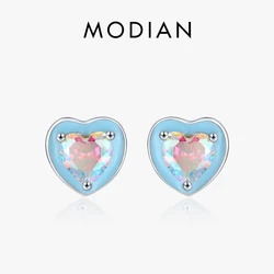Modian 925 Sterling Silver Romantic Blue Enamel Hearts Ear Studs Rainbow Color Zirconia Stud Earrings for Women Wedding Jewelry