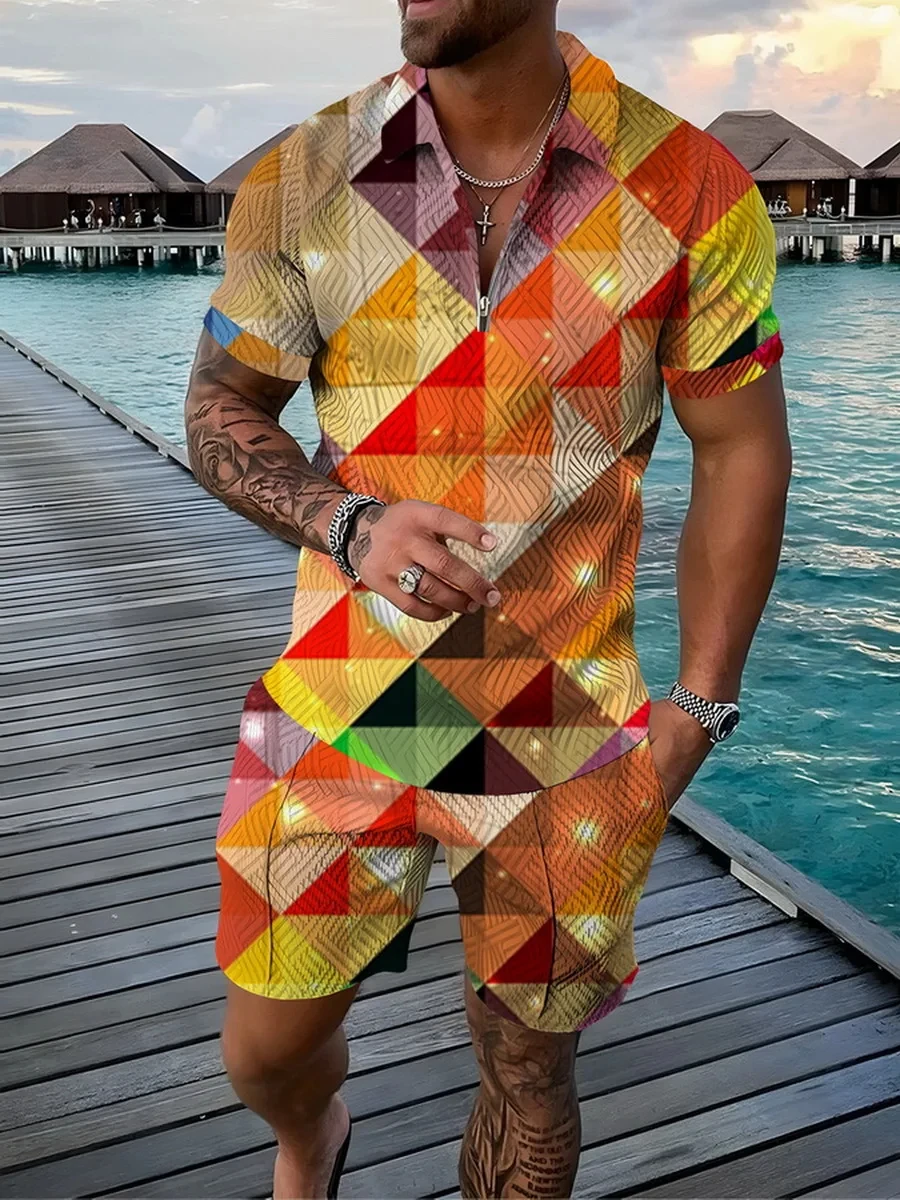 

2 шт./комплект, Мужская футболка-поло на молнии с 3D-принтом