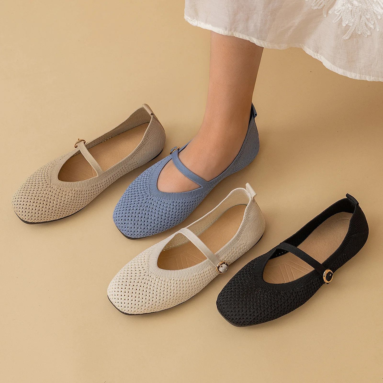 Sommerliche Damen-Mary-Jane-Schuhe mit Lochmuster, weicher flacher Sohle, leichtem Schnallenverschluss, atmungsaktiv, lässig, modisch, Ballerinas – Detail 1