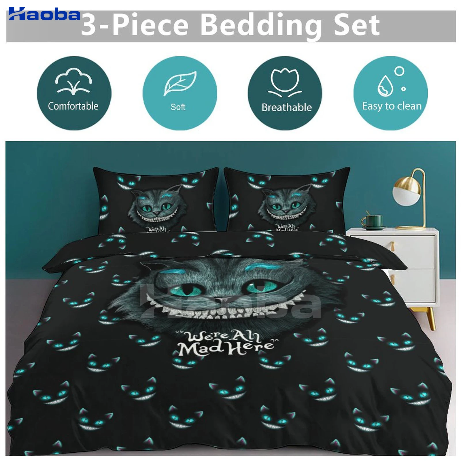 Juego de ropa de cama de tres piezas para niños o adultos, fundas de edredón para camas, regalos de cumpleaños para mujeres y hombres, gato de Cheshire