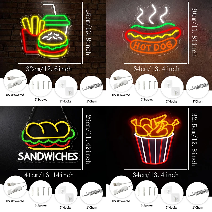 Fast Food Series Neon Sign For Wall Decor,Light Up Sign For Restaurant,Home Kitchen,Fast Food Store Decor,Man Cave,Bar,Party