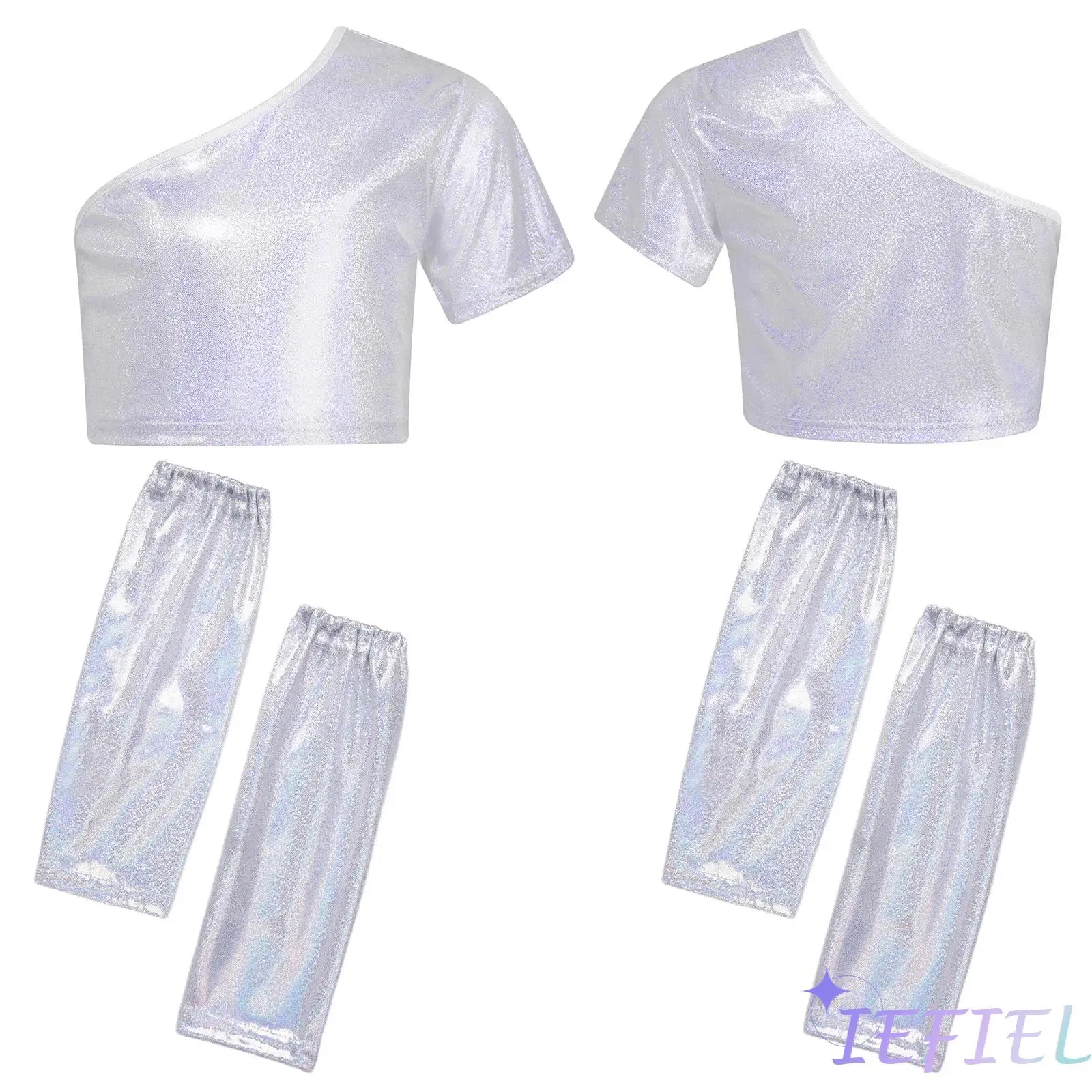 

2Pcs Kids Girls Jazz Dance Costume One Shoulder Short Sleeve Metallic Crop Top +Shimmery Gloves for Jazz Dance Stage Performance