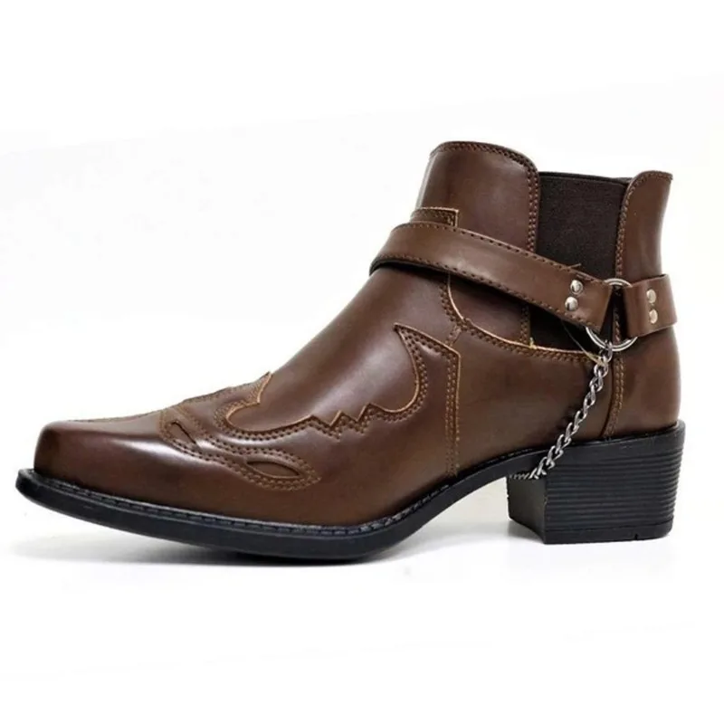 2025 Fashion Men's Vintage Cowboy Boots Leather High Top Chain Buckle Strap Punk Shoes Pointed Toe Biker Ankle Boots for Men