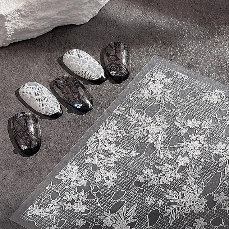 الدانتيل مانيكير الشارات الأظافر الديكور الدانتيل تنقش/رقائق الأظافر المسطحة أسود أبيض نقل ورقة مثير مسمار الفن ملصقات شريط