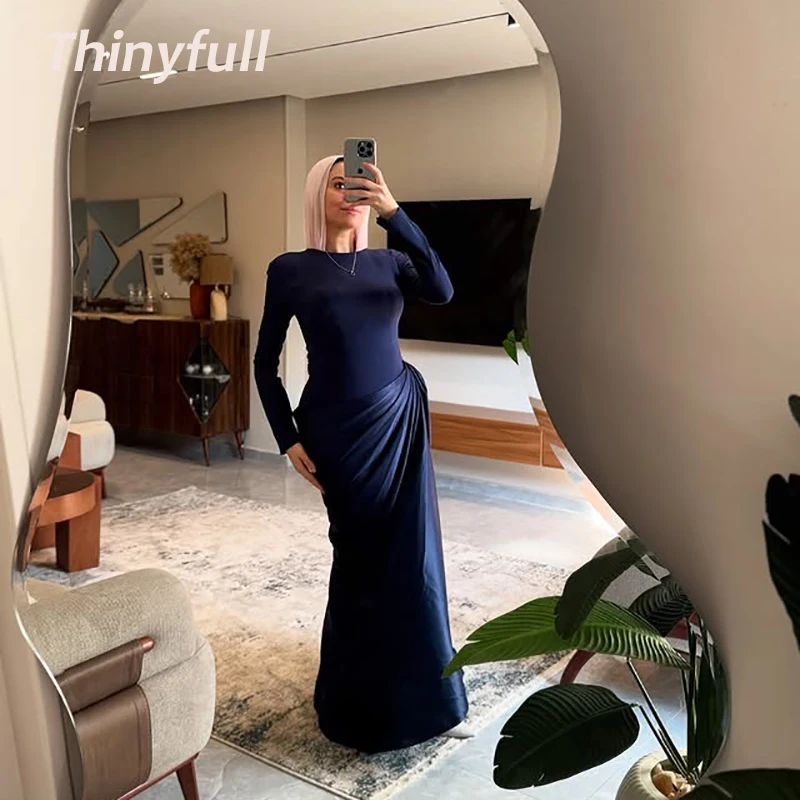 Thinyfull حورية البحر الساتان فساتين لحضور الحفلات الموسيقية كامل الأكمام س الرقبة ثوب مسائي طويل مناسبة رسمية فستان رداء دي سواريه مخصص