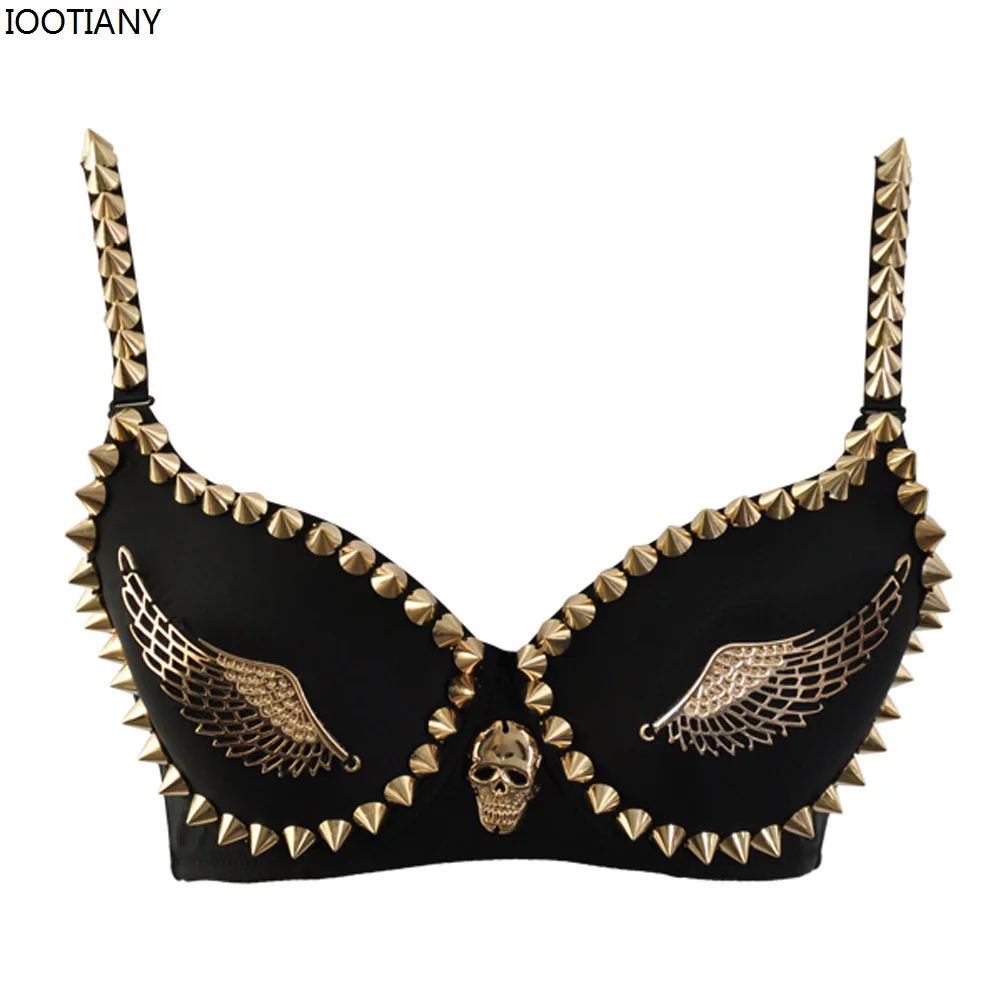 New Women Sexy Lingerie Bikini Punk Rock Gothic Push Up Bra Black Gold Studded Rivet & Wings Underwear Bar Stage Performance Bra
