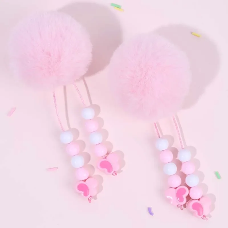 ncmama 2Pcs Fur Pom Pom Ball Hair Clips Hair Ball Hairpin Sweet Girls Tassels Hairgrips Headwear Barrettes Baby Hair Accessories