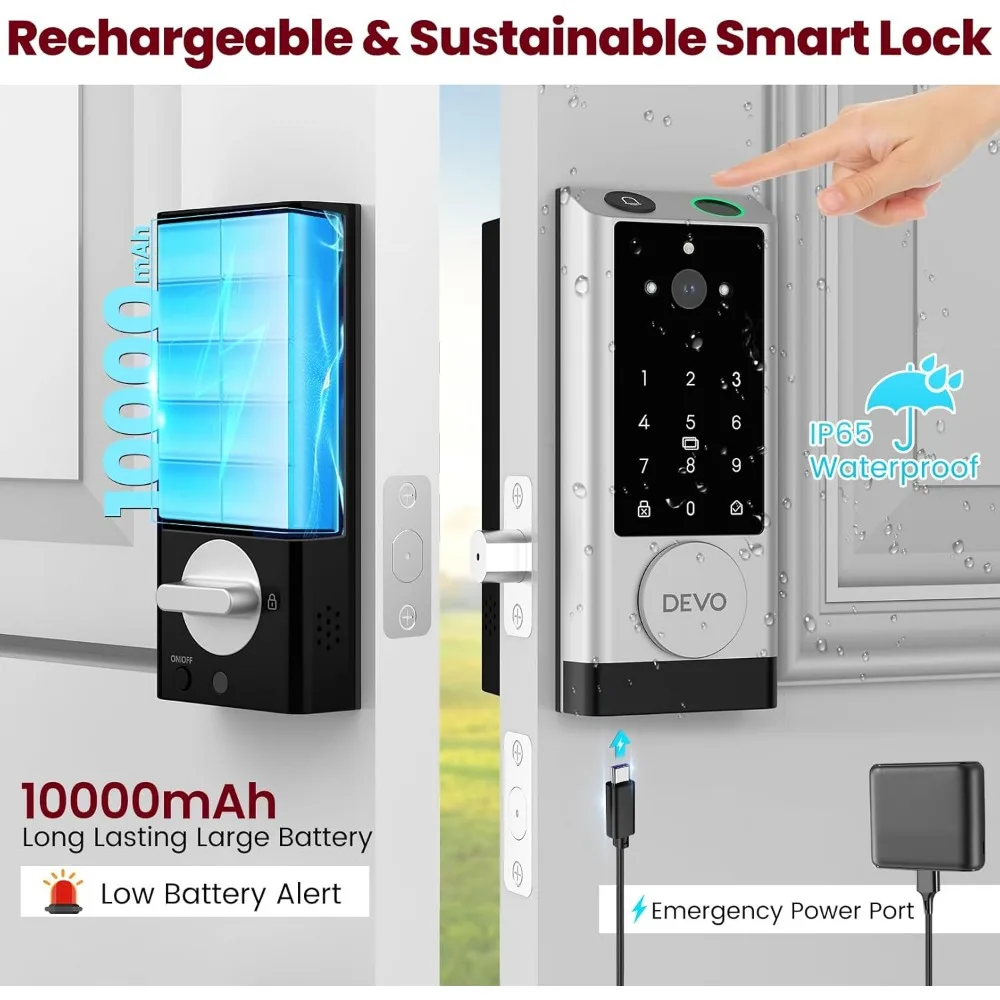 DEVO G1 Video Smart Lock with Camera & Doorbell, 6-in-1 Keyless Entry Door Lock with Fingerprint, App Remote, Auto Locks, Built-