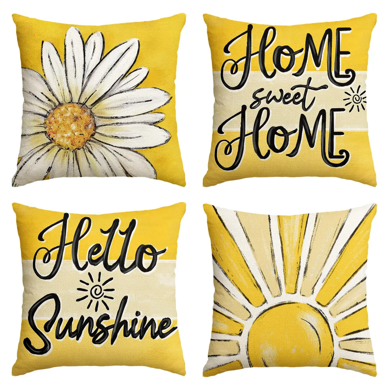Home Sweet Home Daisy Throw Pillow Covers, Spring Summer Flowers Hello Sunshine Cushion Case for Home Sofa Couch Set of 4