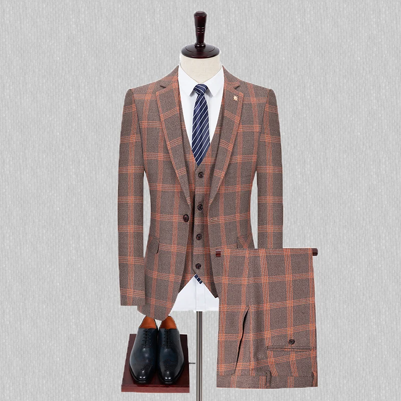 Spring and Autumn Suit Wedding 2024  Men（ Suit + Waistcoat + Trousers) Fashion Checkered British Slim-fit Suit Three-piece Set