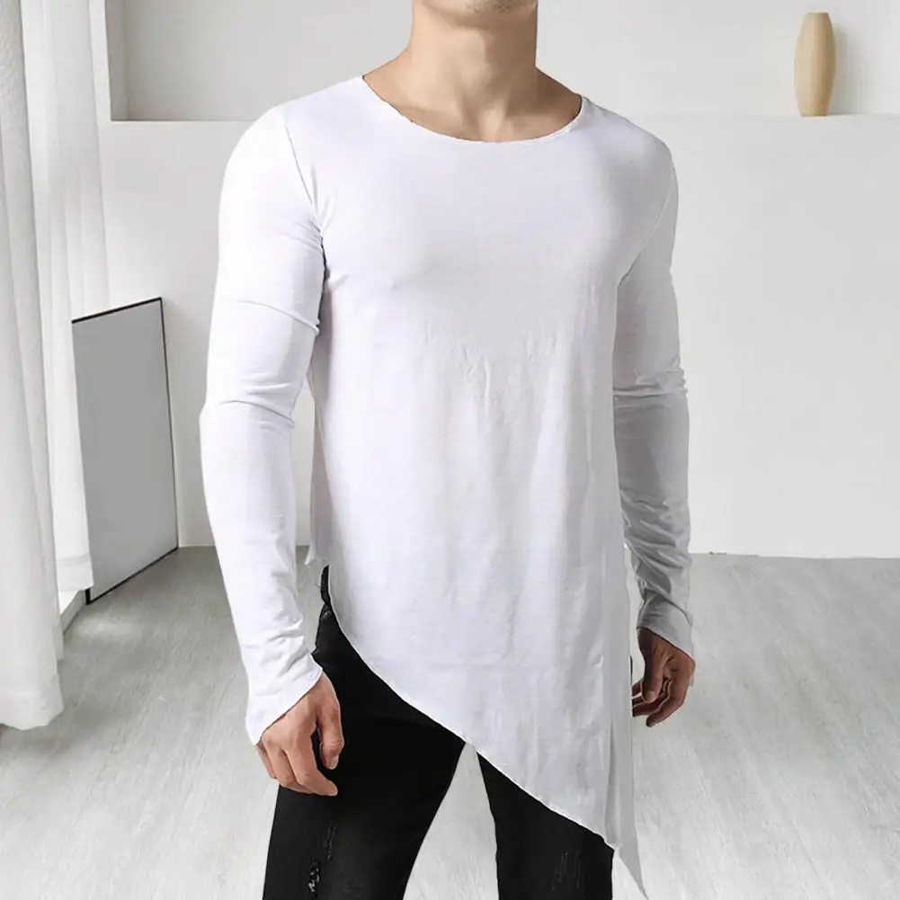 Side Split Long Style Men T-shirt Long Sleeve Irregular Hem Round Neck T-shirt Breathable Simple Style Bottoming Autumn Tees