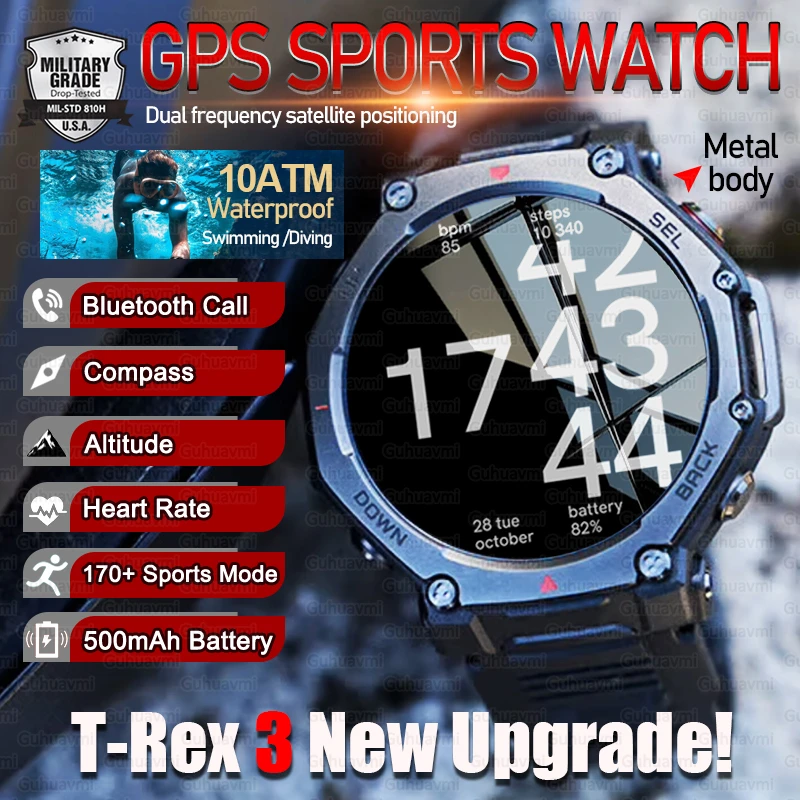 

2025 New T-Rex 3 GPS Smart Watch Compass 10ATM Waterproof Swimming 500mAh Battery Bluetooth Call Military Sports Smartwatch Men