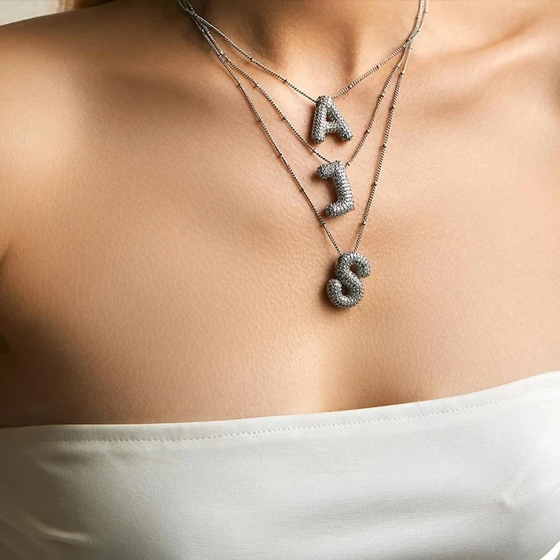 SUNSLL Bubble Cubic Zirconia A-Z 26 Letter Pendant Necklace Fashionably Simple Silver Bubble Letter Necklace For Party Jewelry