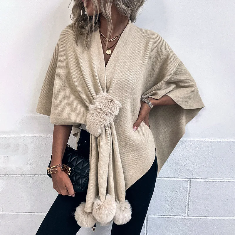 

5 Color Autumn Warm Oversize Cloak Knitted Criss-Cross Poncho Capes Women Loose Faux Fur Ball Streetwear Cardigan Shawl Knitwear