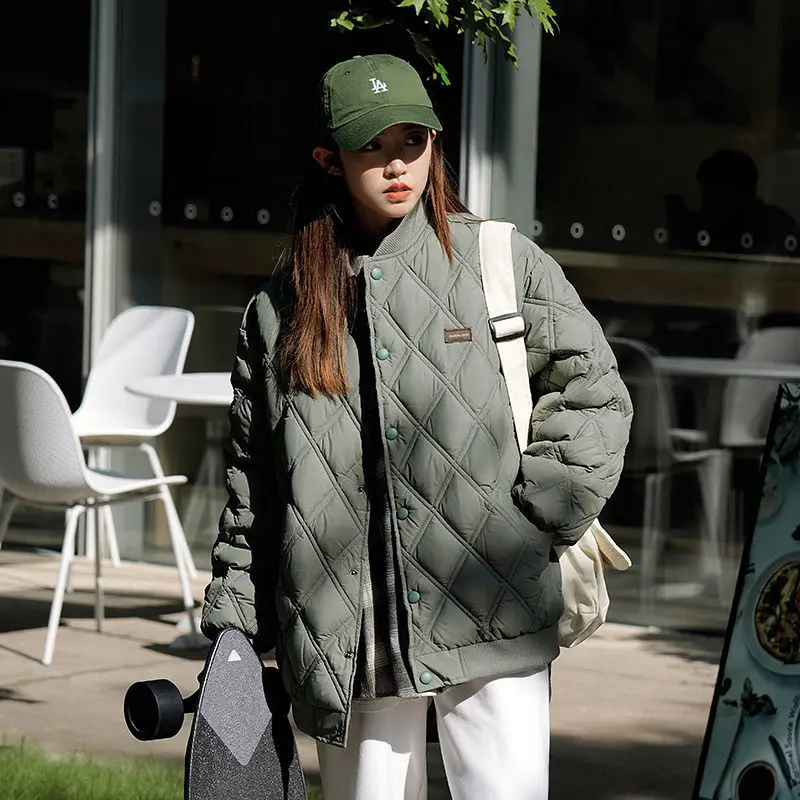

Women's Diamond Grid Long Sleeved Jacket Vintage Style Autumn Winter New Solid Color Female Oversize Single Breasted Coat