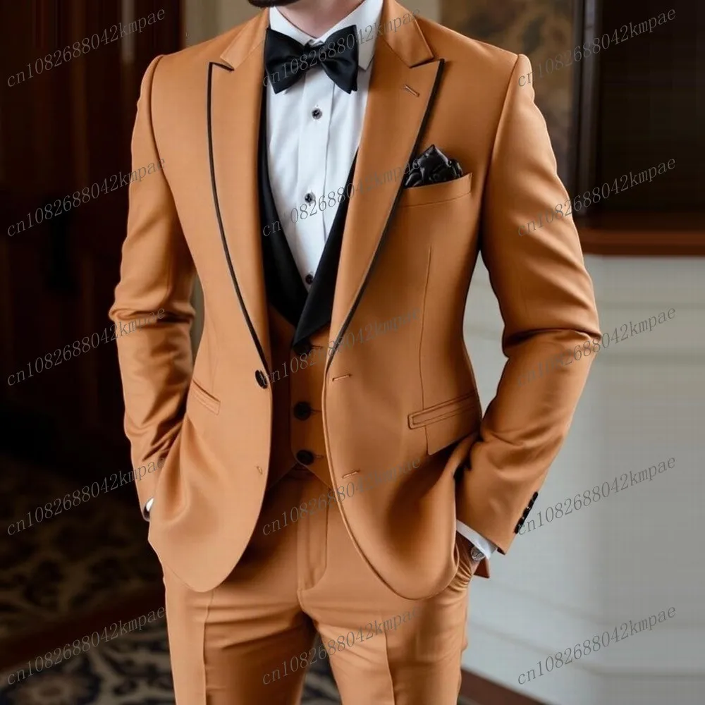 Champagne And Black Formal Business Men Suit Groom Groomsman Wedding Party Prom Male Tuxedos 3 Piece Set Blazer Vest Pants