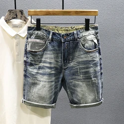 Summer Men's Vintage Straight Denim Shorts Korean Fashion Dilapidated Street Hip-hop Pants Male Youth Short Jeans