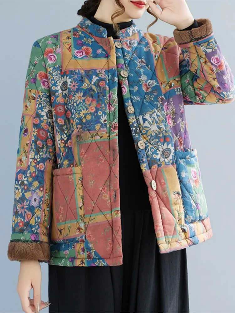 

Большие осенне-зимние стеганые хлопковые плюшевые пальто с цветочным принтом, женские модные женские куртки в этническом стиле, свободные женские пальто