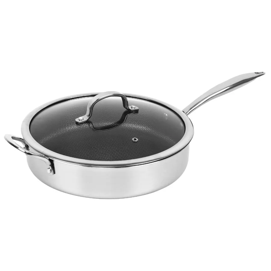 

11-In. 3-Ply Hybrid Non-Stick Stainless Steel Induction-Compatible Deep Sauté Pan with Glass Lid B-DSH28L