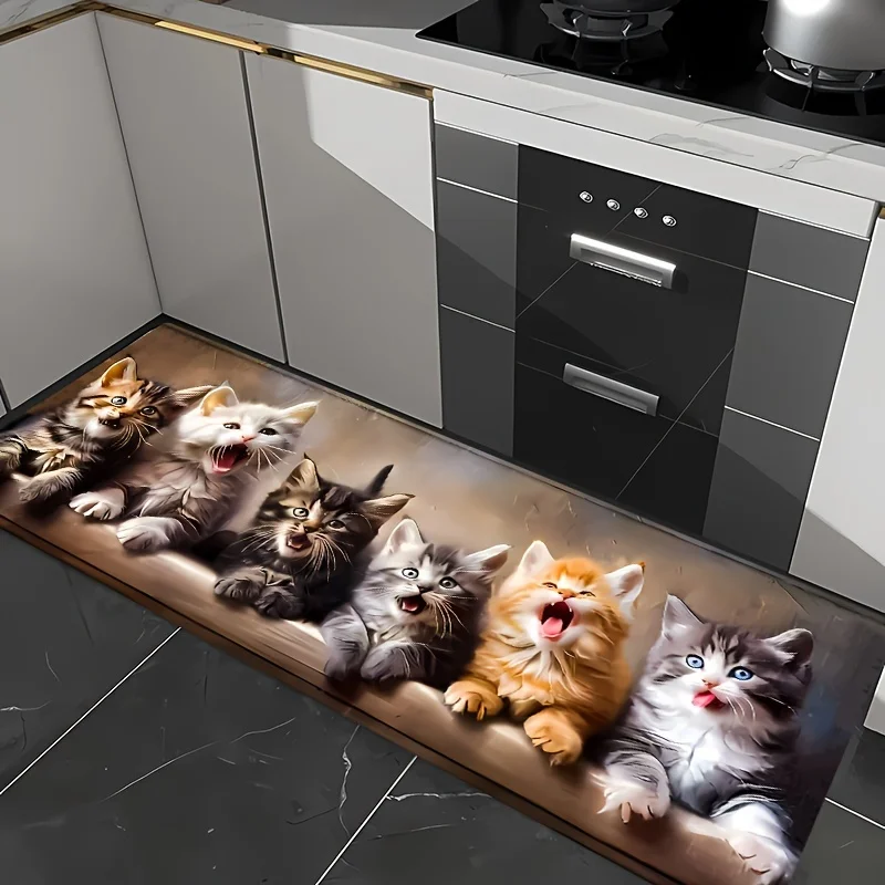 

3D-коврик для кухни с милым котом, сидящим в ряд, из диатомитовой земли, нескользящий резиновый длинный коврик, декоративный коврик для ванной, прихожей, туалета