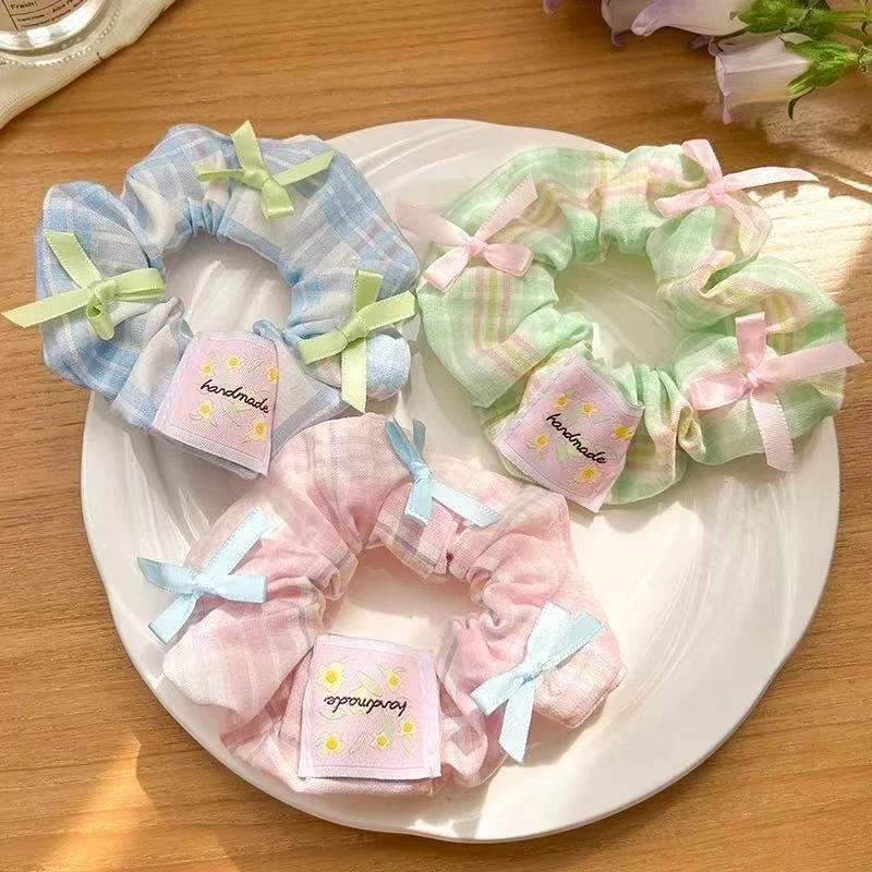 

1pc/3pcs spring and summer sweet bow plaid large intestine hair ring, female high elasticity hair tie hair band,