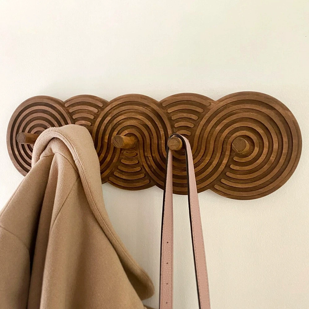Boho Wooden Wall Hooks Art Spiral Pattern Multi-Hook Rack Decorative Coat&Key Hanger for Entryway&Bedroom Functional Home Decor
