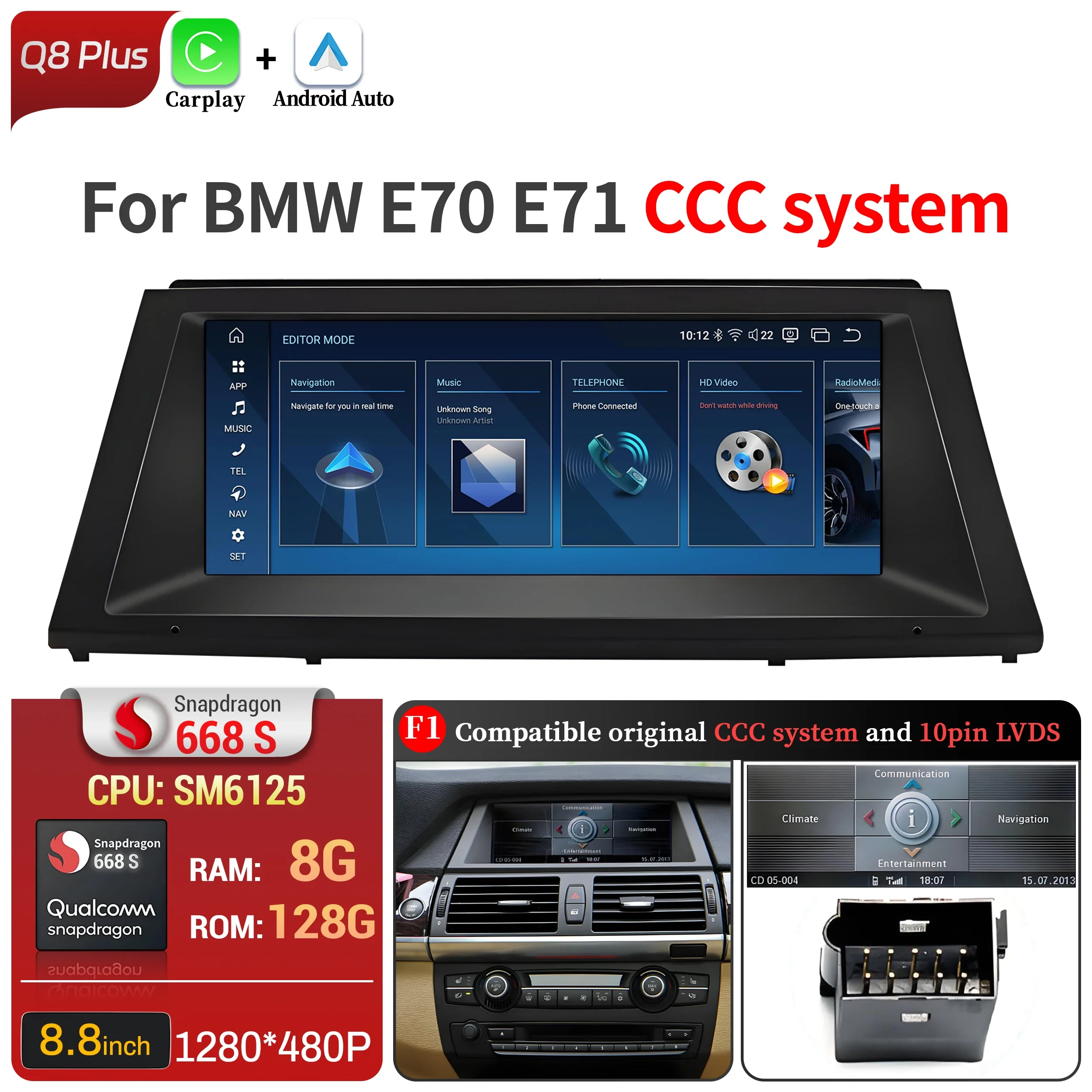 8.8 inch Android 13 Voor BMW X5 E70 X6 E71 E72 Autoradio GPS Draadloze BT Carplay Qualcomm Snapdragon 680 Head Unit Touchscreen