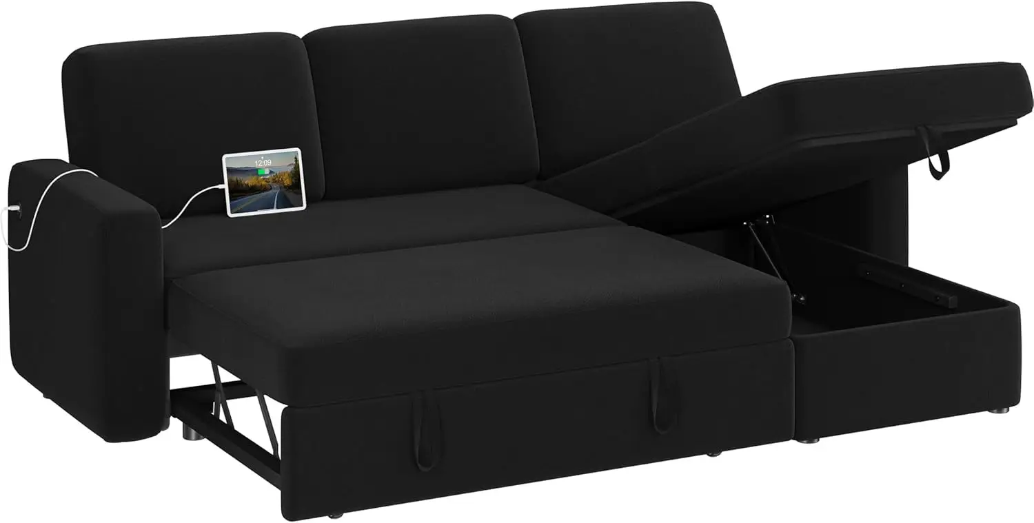 Sectional Sofa L Shaped Sofa Couch Bed Chaise USB Reversible Couch Sleeper Pull Out Bed Storage Space 4 seat Fabric Convertible