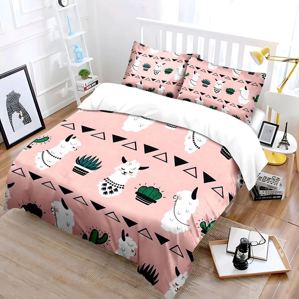 3pcs Cute llamas and cactus pattern Bedding Set 1 Duvet Cover 2 Pillowcases for Adult and Children Luxury Gift Full Size