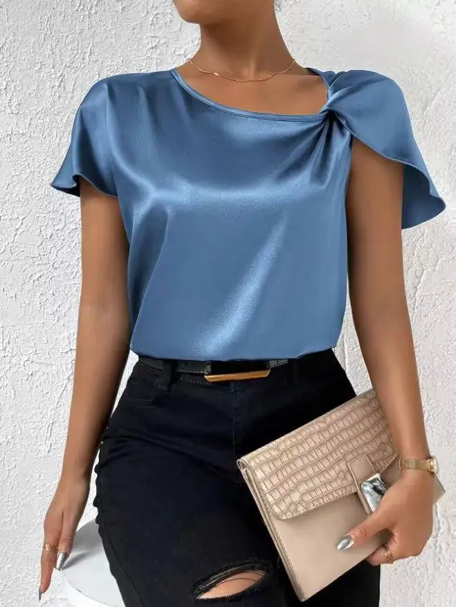 2024 Summer Neck Twist Detail Satin Blouse Casual Loose Solid Short Sleeve O-Neck Shirts Summer Office Lady Tops Chic Streetw