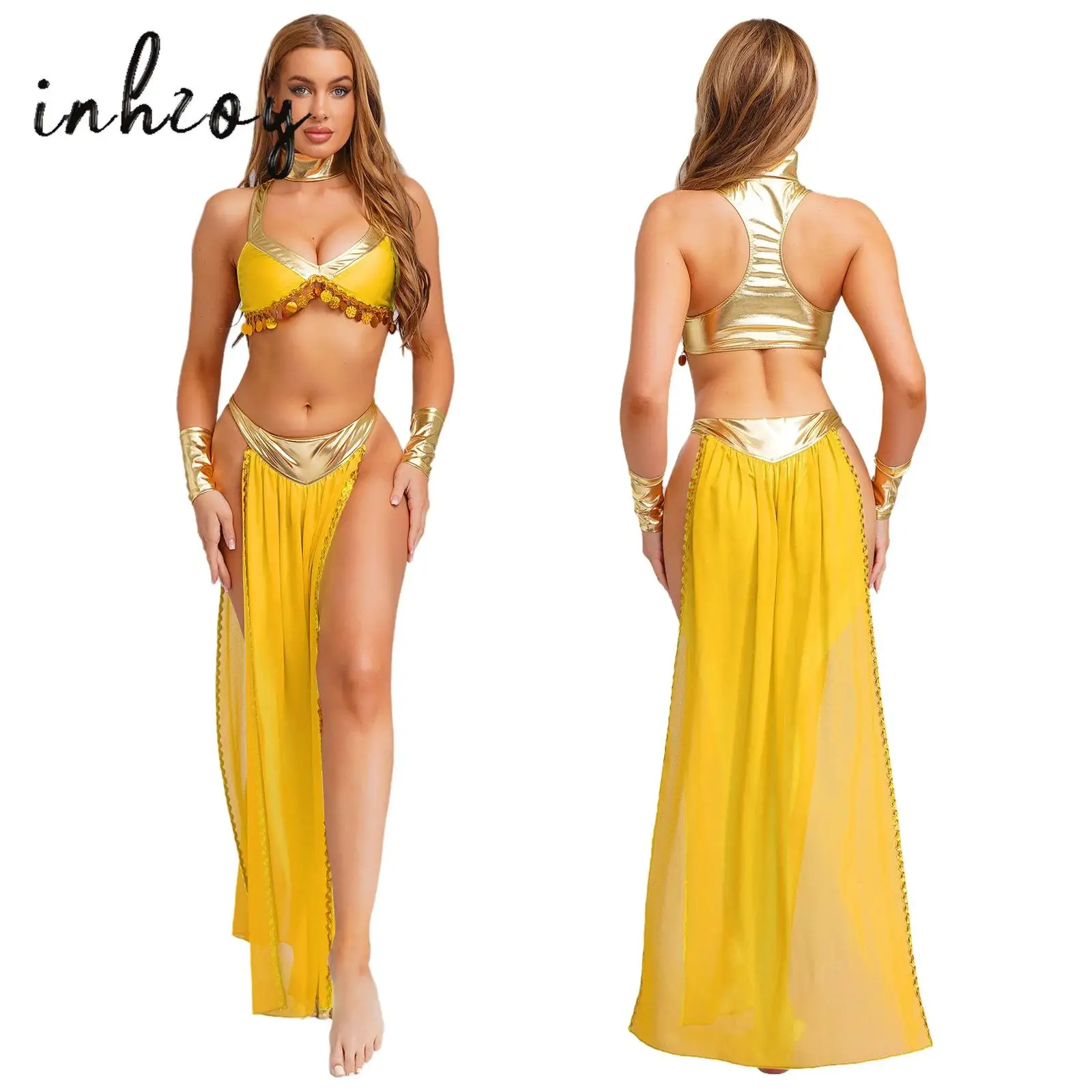 

Womens Halloween Party Role Play Clothing Ancient Egyptian Queen Dress Up Crop Top Collar Sleeves And Side Slit Chiffon Skirt