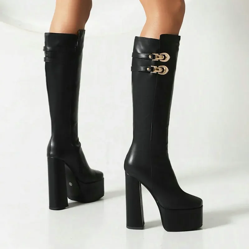 

Chic Solid Black Color Modern Female Winter Warm Shoes Block High Heels Platform Knee-high Boots With Metal Clip Lock Women Boot
