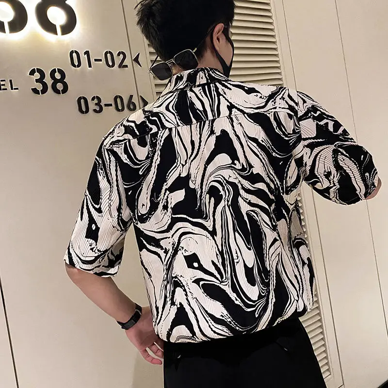 Summer New Ice Silk Flower High Street Shirt Tops Men's Short Sleeve Plus Size Printing Fashion Blouse Trend Vintage Men Clothes