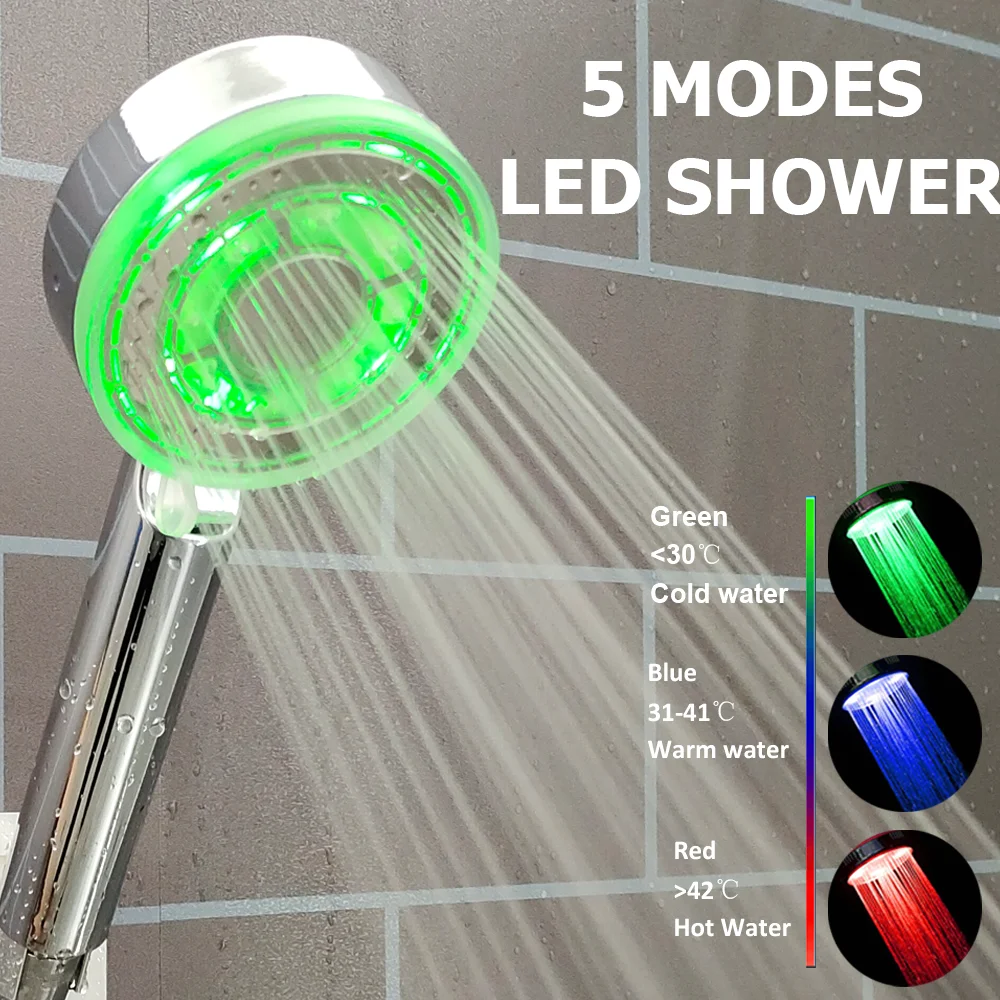 

3/7 Colors Changes High Pressure Shower Head 5 Modes LED Colorful Temperature Sensor Spray Nozzle Rainfall Large Flow Showerhead