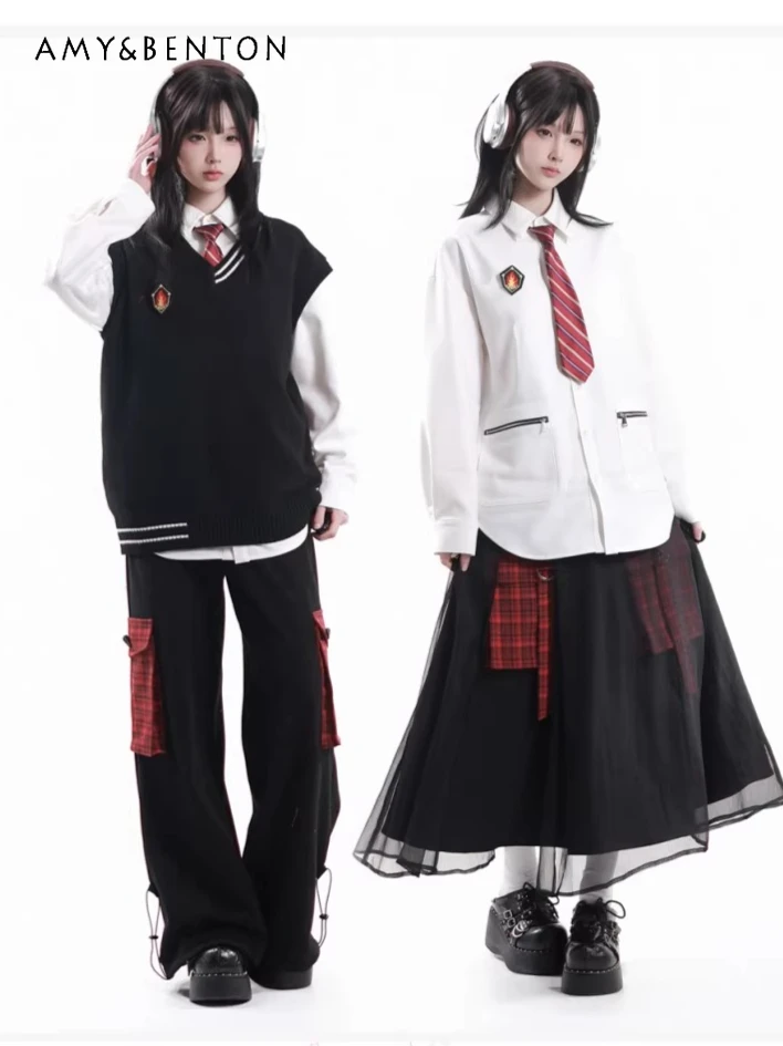 

College Style Sweet Cool Girl Knitted Vest Dress Set Spring New Long Sleeve Shirt High Waist Pleated Skirt Casual Pants Women