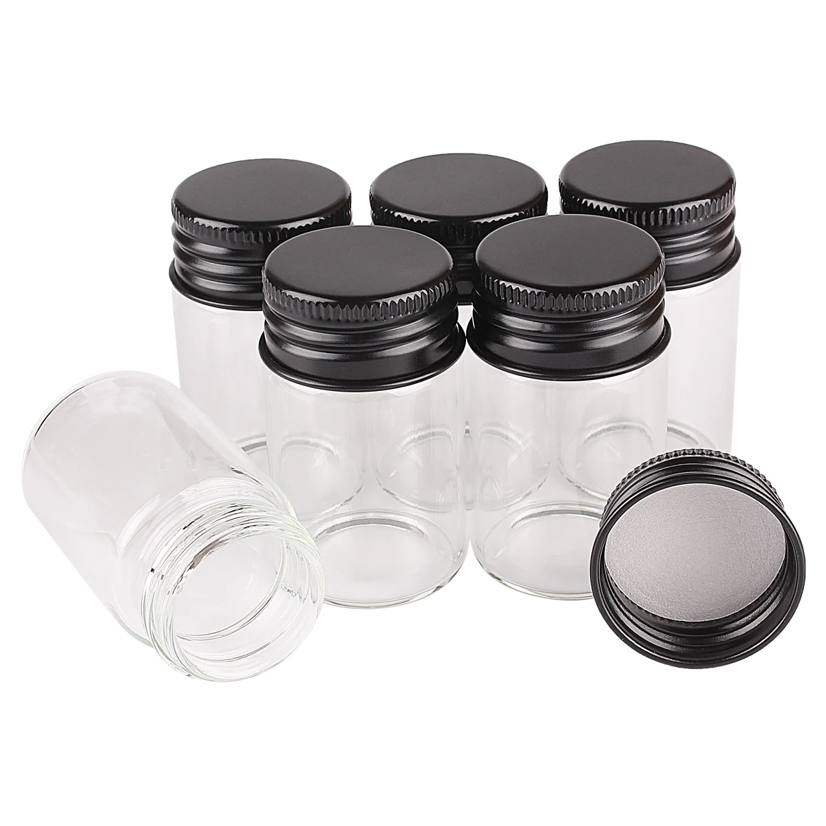

100 шт. стеклянных баночек объемом 20 мл с черными алюминиевыми крышками, размер 3x5 см.