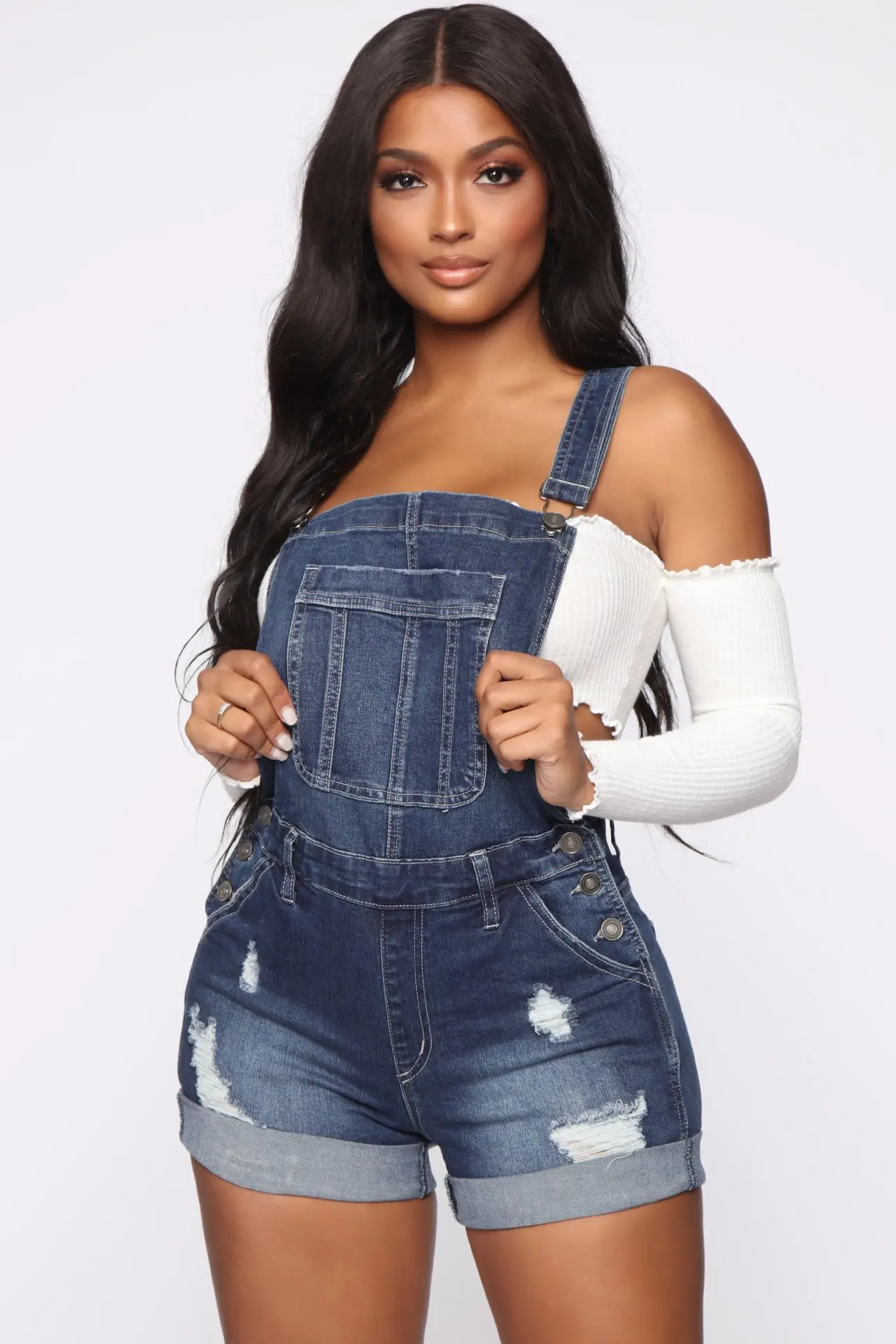 GC 2026 Vintage Y2K Stretch Ripped Denim Bib Shorts, Retro Distressed Women Denim Romper Jumpsuit view 3