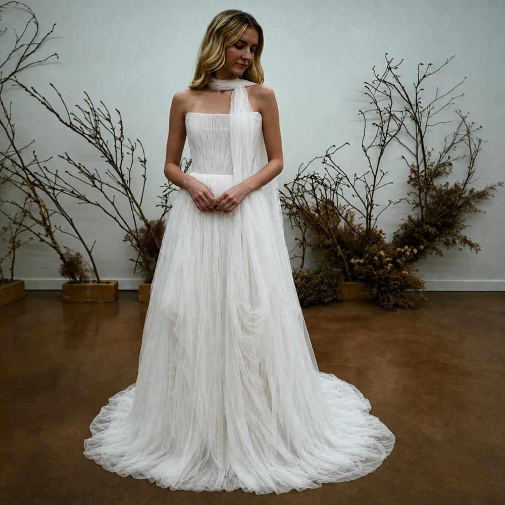 Straight Strapless Corset Wedding Ballgown Removable Crinkle Sash Scarf Customized Gathered Tulle Ivory Retro Wedding Dress