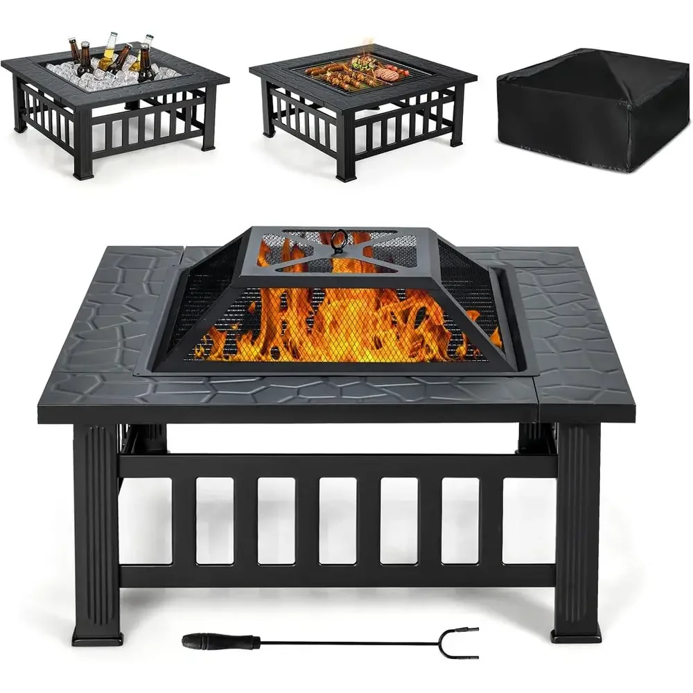 32 Inch Square Steel Outdoor Fire Pit with Spark Screen, Log Grate, BBQ Grill, Poker, and Rain Cover - Wood Burning, Ideal for C