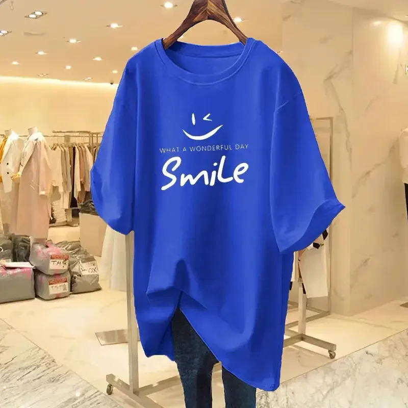 

Women's Pure Cotton Casual Loose O-neck Letter Tees Summer Fashion Basic Short Sleeve T-shirt Lady Smile Tops