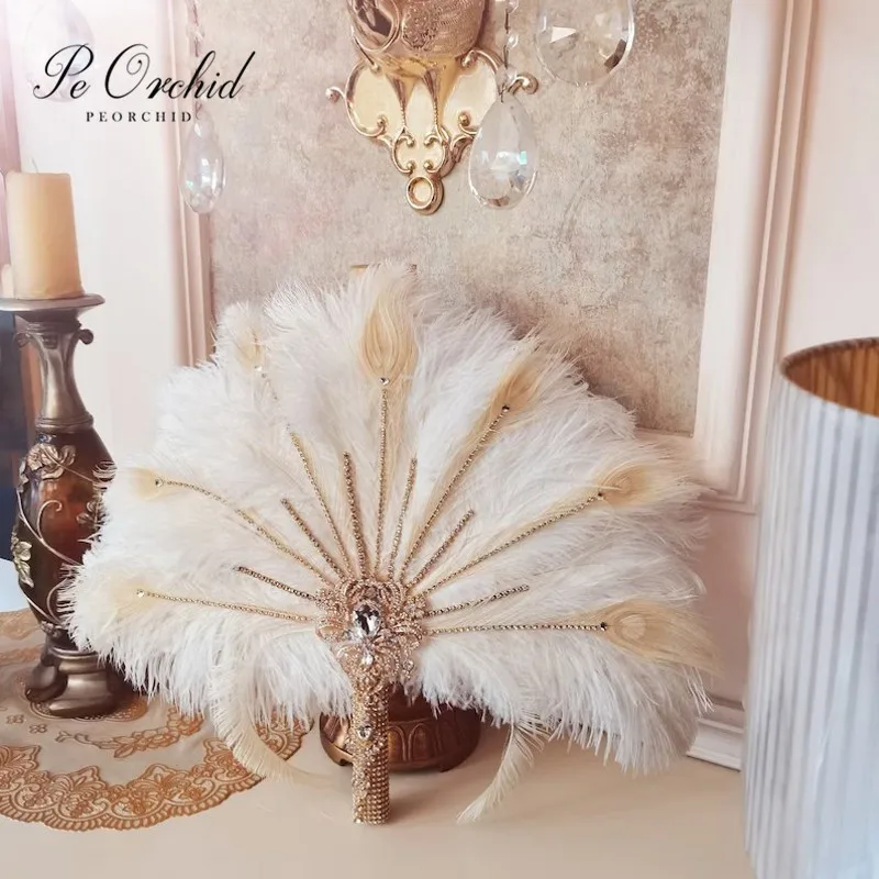 PEORCHID Ostrich Feather Fan Bouquet with Crystal Alternative Bouquet Great Gatsby Wedding Style Artificial Wedding Bouquet