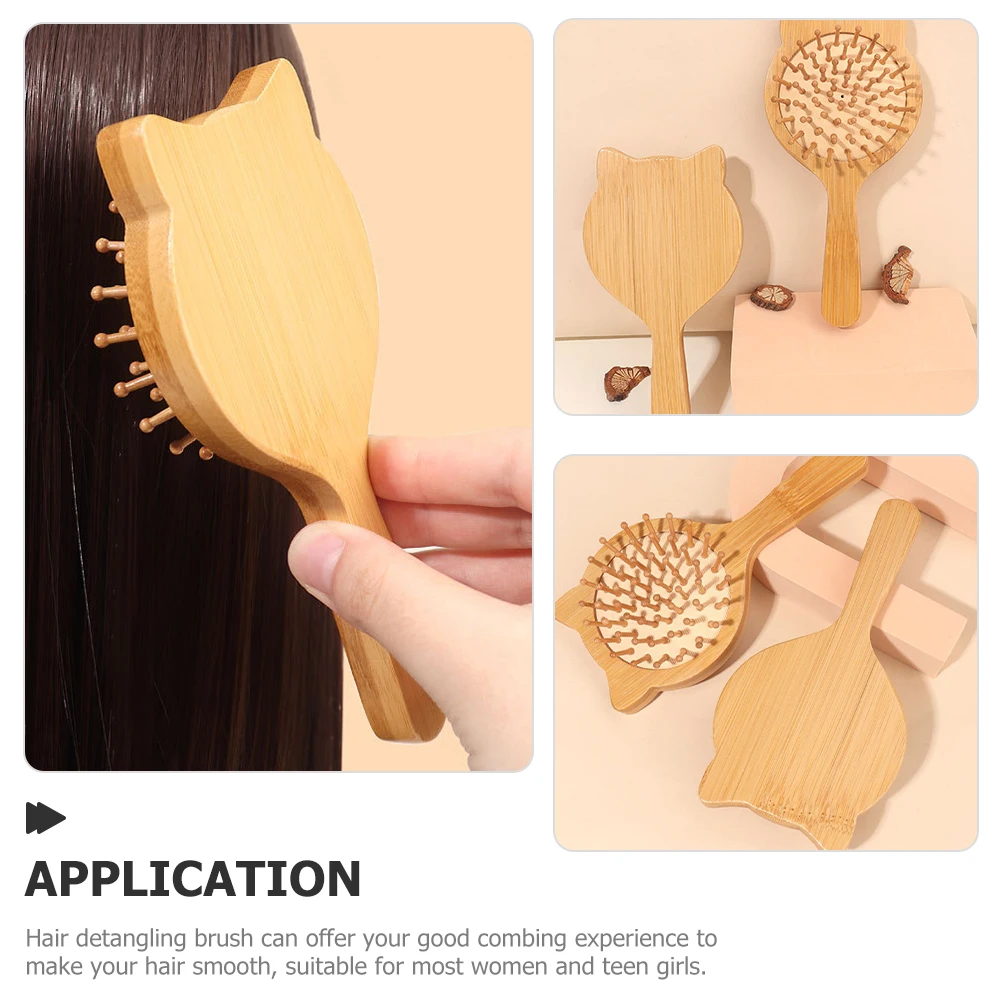 Бамбуковая расческа для распутывания волос с кошачьими ушками для женщин и девочек, гладкая щетка для кожи головы, инструмент для укладки тонких сухих волос, мультяшная расческа