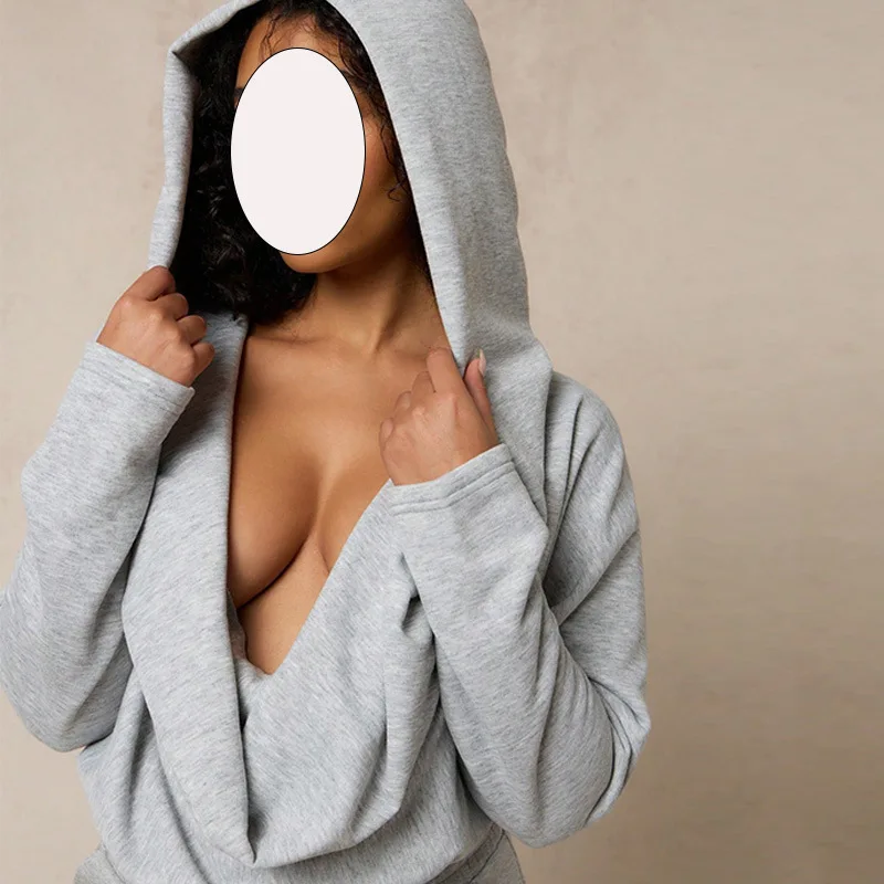 

Fashion temperament, personality, leisure, joker, solid color, simple swinging collar, hooded long-sleeved sweater top, female