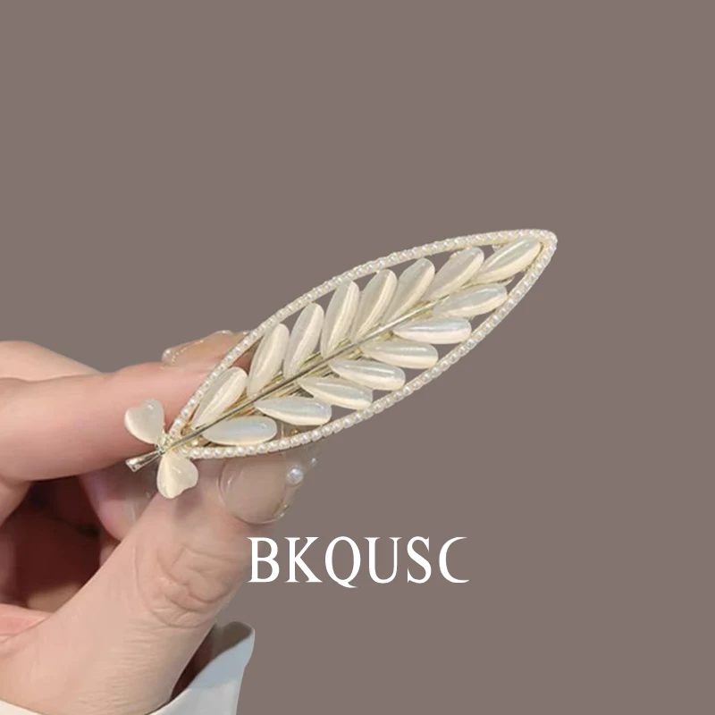 Rhinestone Pearl Leaves Women\'s Hair Clip Hairpin Ladies Sweet Lovely Leaf Shape Duckbill Clip for Hair Female Metal Barrettes