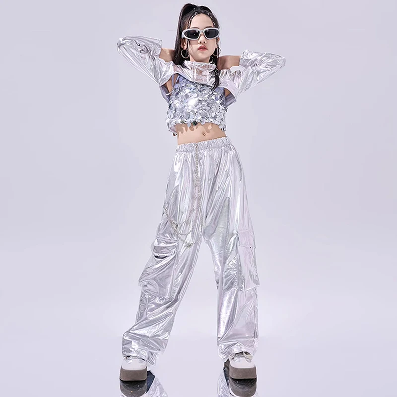 Jazz Dance Costume Girls Sequin Tops Silver Pants Kids Street Dance Wear Children Kpop Fahion Clothes Hip Hop Stage Show Outfit