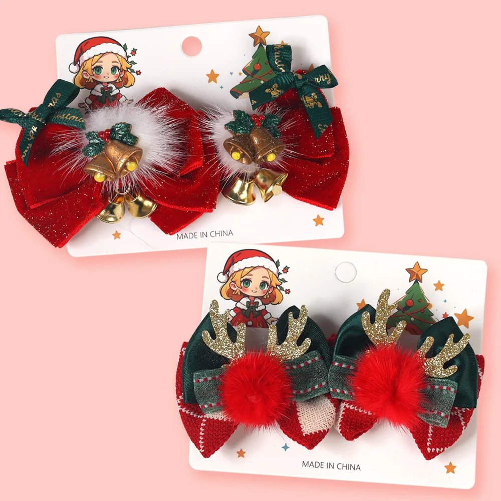 2pc red color Baby Jingle bells Bowknot Hair Clips Glitter Reindeer Bow Hairpins Kids Velvet Barrettes Girls Christmas Headwear