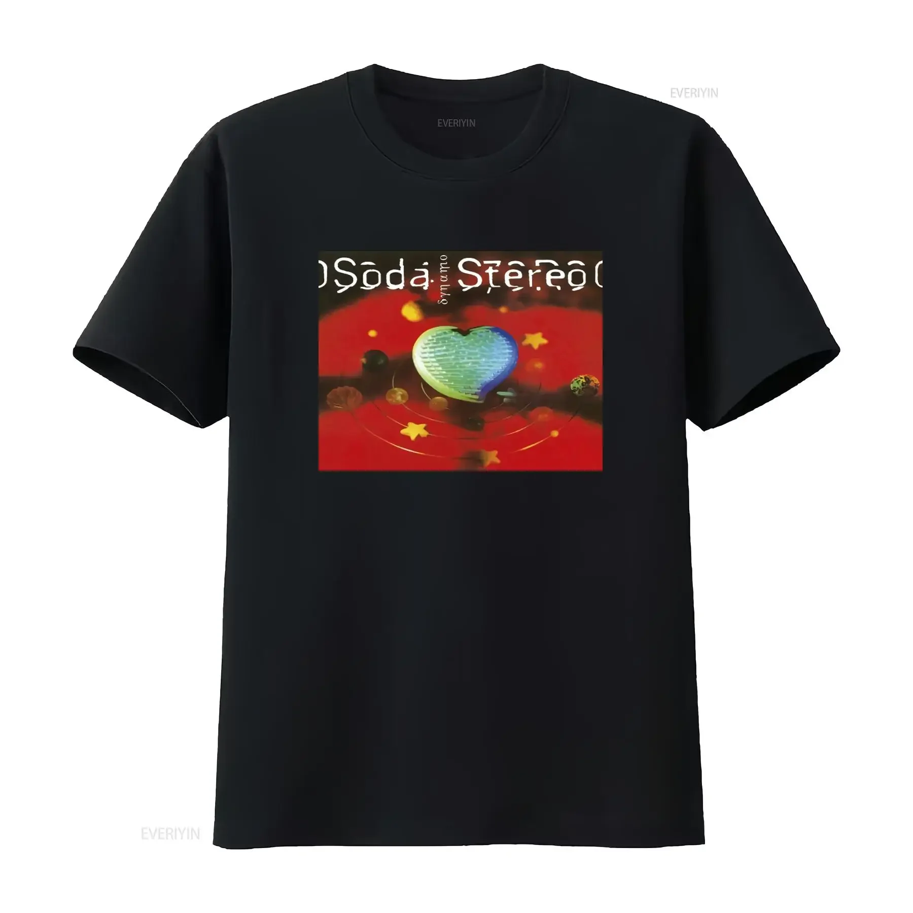 Camiseta SODA STEREO con diseño de portada de vinilo/CD de Dynamo, estampado de corazones y estrellas, disponible en tallas S, M, L o XL, estilo vintage lavado.