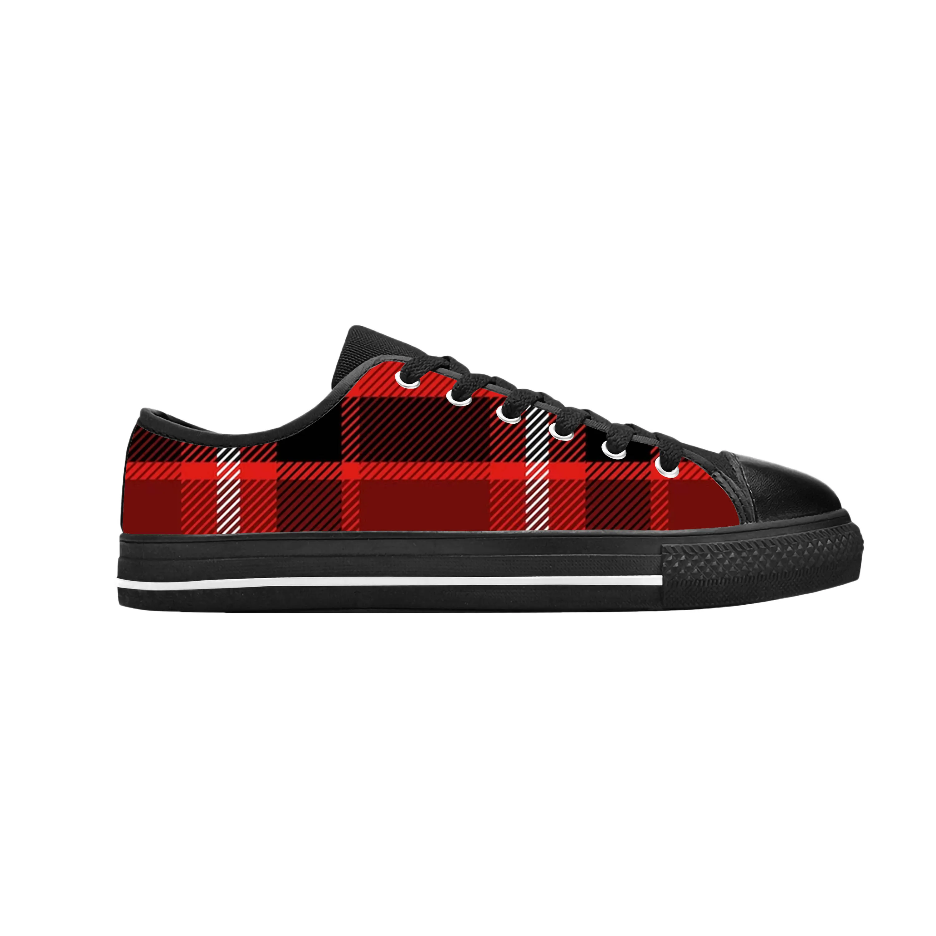 Sıcak kırmızı Buffalo Scottish Stewart Clan Tartan ekose rahat bez ayakkabı düşük üst nefes 3D baskı erkek kadın Sneakers